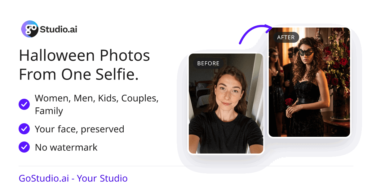 A selfie before, and the same woman in a black masquerade costume after, made with the free Halloween photo tool