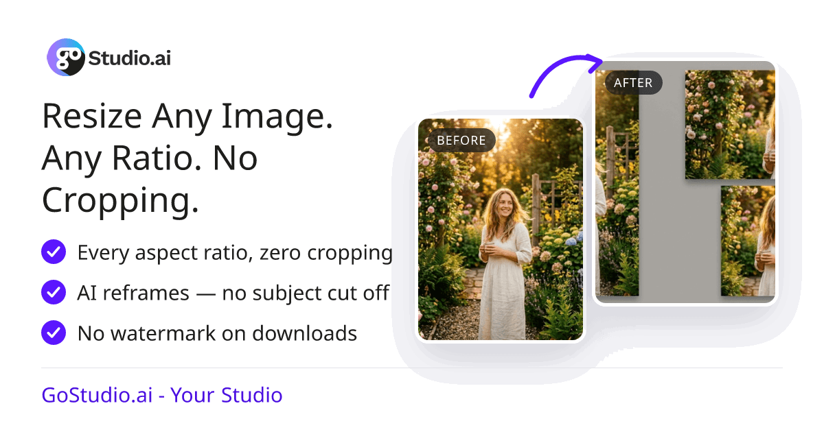 The Universal Resizer share card — one photo before, then reframed to portrait, landscape and square with no cropping